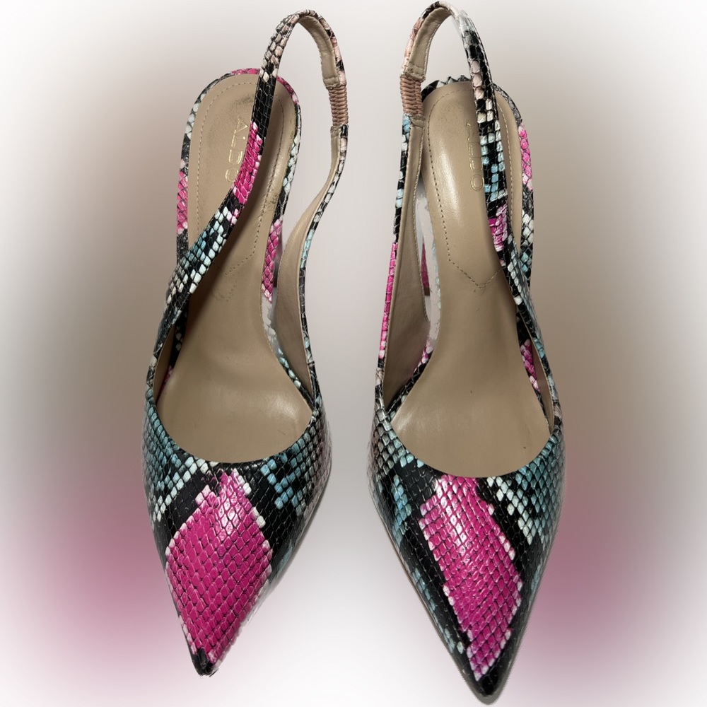 ALDO Pink Black Animal Snake Print Slingback Stiletto Pointy Toe Heels Size 7.5